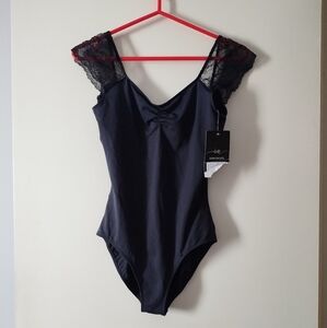 NWT Intermezzo Black Bodysuit Lace Shoulders L Exercise Dance